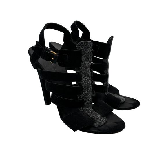 Balenciaga Paris Black Suede Shagreen Strappy Stiletto Heels Women's 40 - Picture 1 of 10